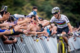 観客のハンドタッチに応えるニノ。気さくなキャラクターで、日本にもファンが多い