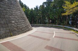 下りの注意ポイント②：菜の花台過ぎ。路面に僅かな段差を設けた減速帯が自転車に衝撃を与え、ハンドルバーやブレーキレバーを握る手が滑ってしまうことがある。比較的道幅の広いカーブではスピードも出がちとなって、その衝撃は予想以上となることも。それによってハンドルを取られたり減速が効かなかったりしないよう、やはり事前の減速は欠かせない。