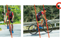 ●シッティングではハンドル、サドル、ペダルの三点で支えていた体重を、ハンドルとペダルだけにすることで速く進ませるのがダンシング。上半身を強化することで、ペダルにしっかりと体重が乗るようになる。詳しくはp.46へ