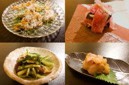 小エビのバジルソース、生ハムとナス、島ダコときゅうり、なめろう