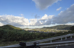 県道220号にショートカットする激坂から仁尾の街を見下ろす