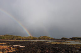 白い砂浜と溶岩が冷え固まった凹凸の地形と虹