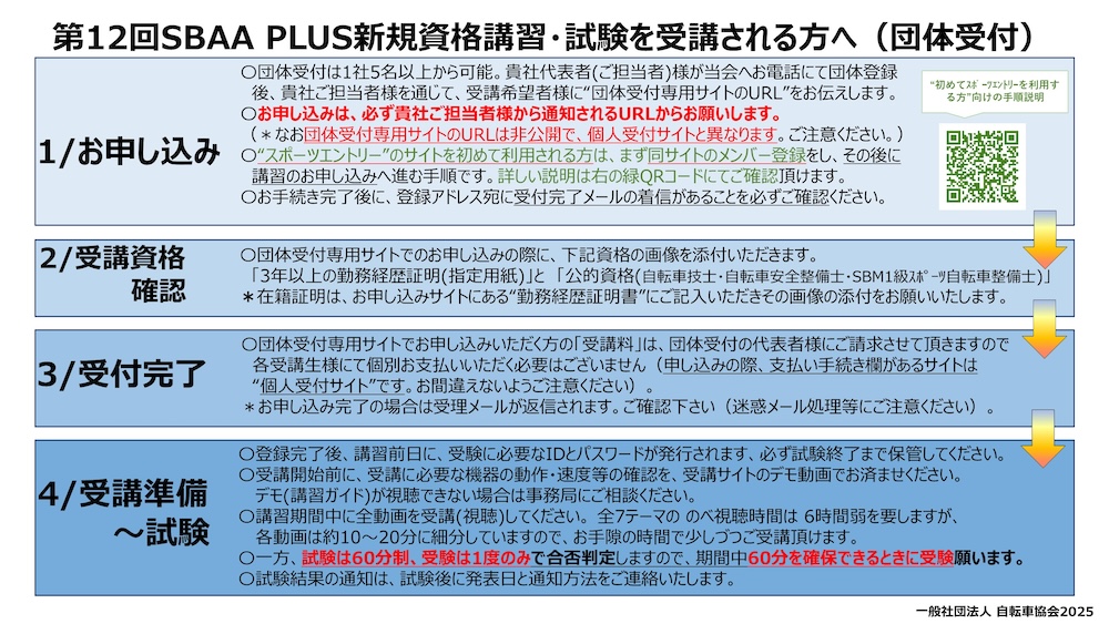 自転車協会　SBAA PLUS新規資格取得講習会2025