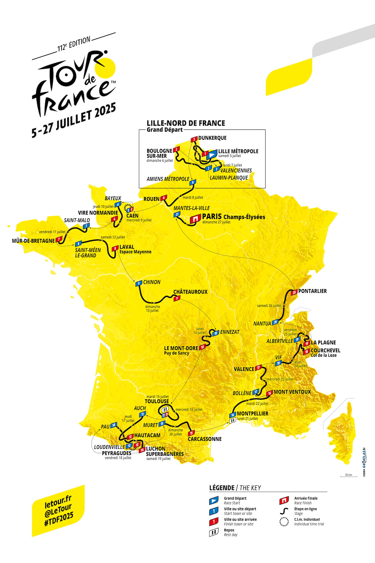 2025年のツール・ド・フランス全21ステージのコース