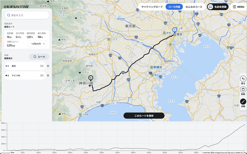 サイクリングコース作成画面