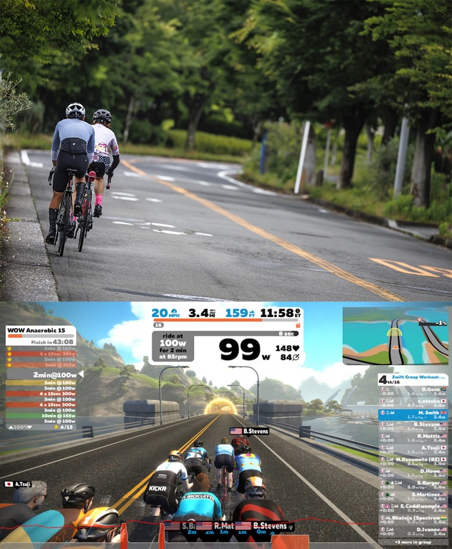 ヒルクライムトレーニングにおけるズイフトと実走の併用イメージ